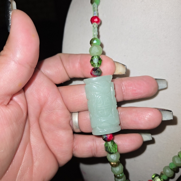 Artisan Jade & Carved Red Rose Cinnabar Crystal Necklace - Picture 5 of 11